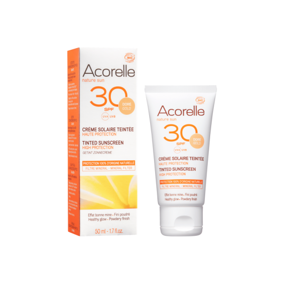 Crema Solar SPF 30 con color Dorado de Acorelle 50ml.